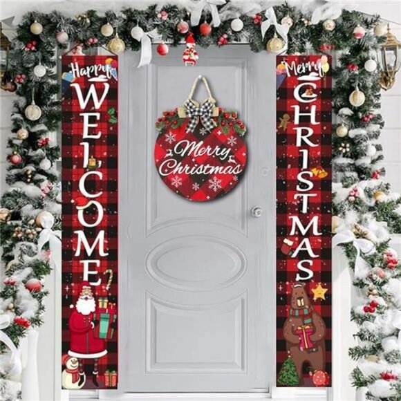 Merry Christmas Decoration Wreath Sign,Buffalo Plaid Welcome Sign for Front Door - Picture 6 of 7
